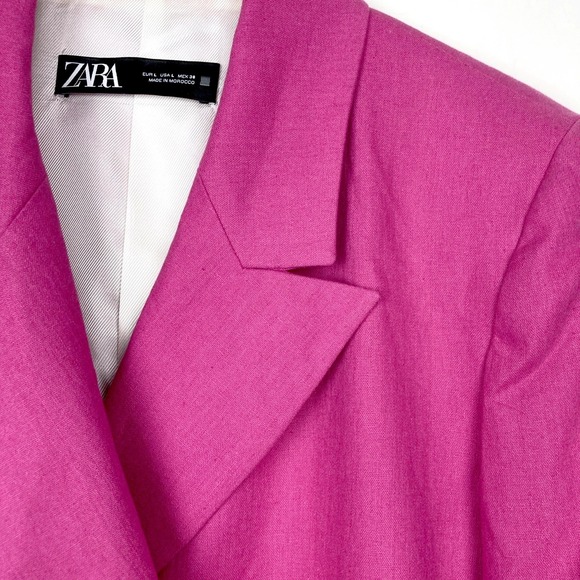 ZARA Woman Blazer Linen Blend Double-Breaste Cropped Pink Magenta Size L E121862 - Picture 9 of 12